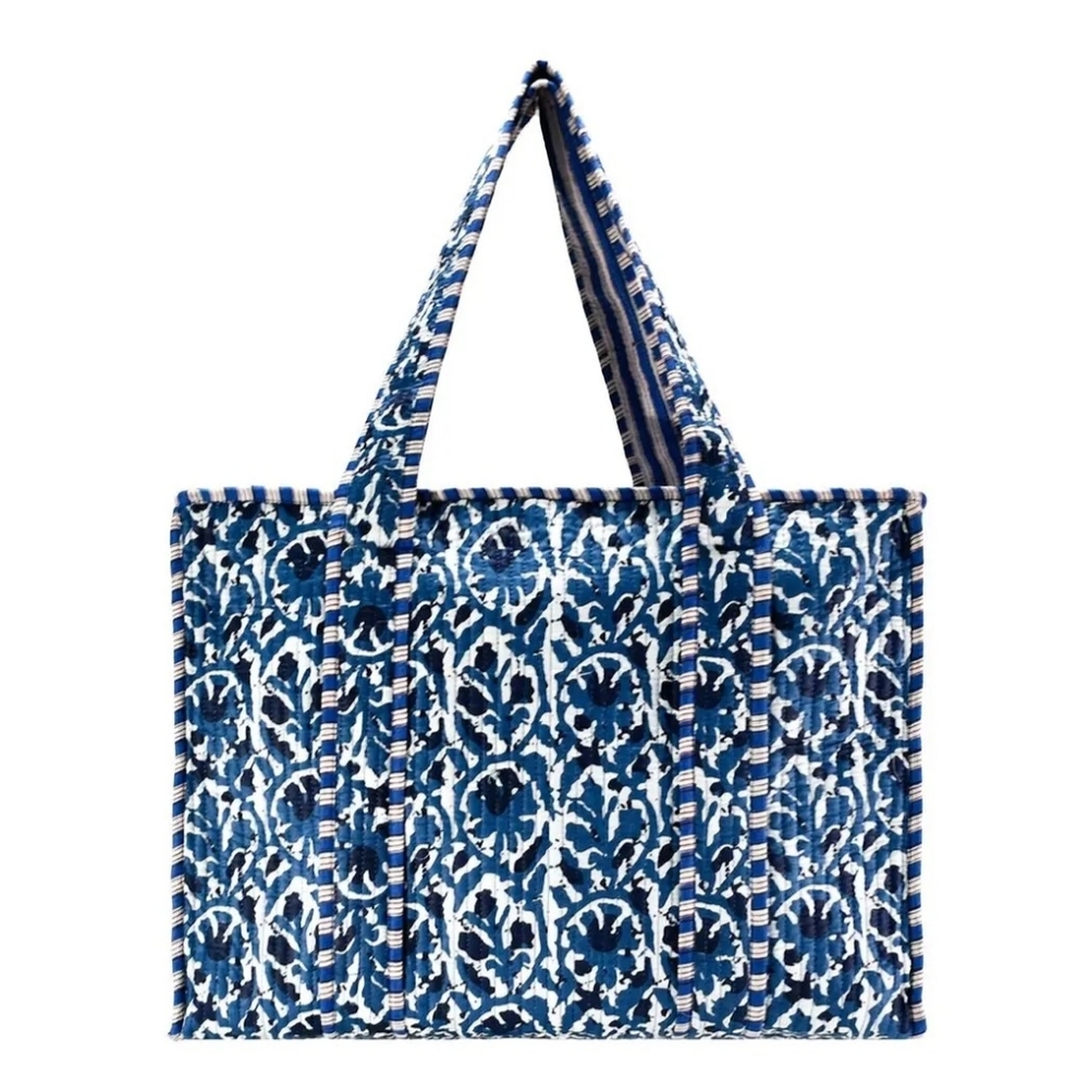 Blue Patterned Tote Bag - Quilted Canvas Shoulder Tote - Picture 2 of 2